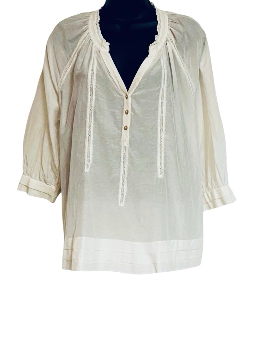 Joie Silk Gauze Ivory Lace Cottagecore Ruffle Split Neck 3/4 Sleeve Popover S